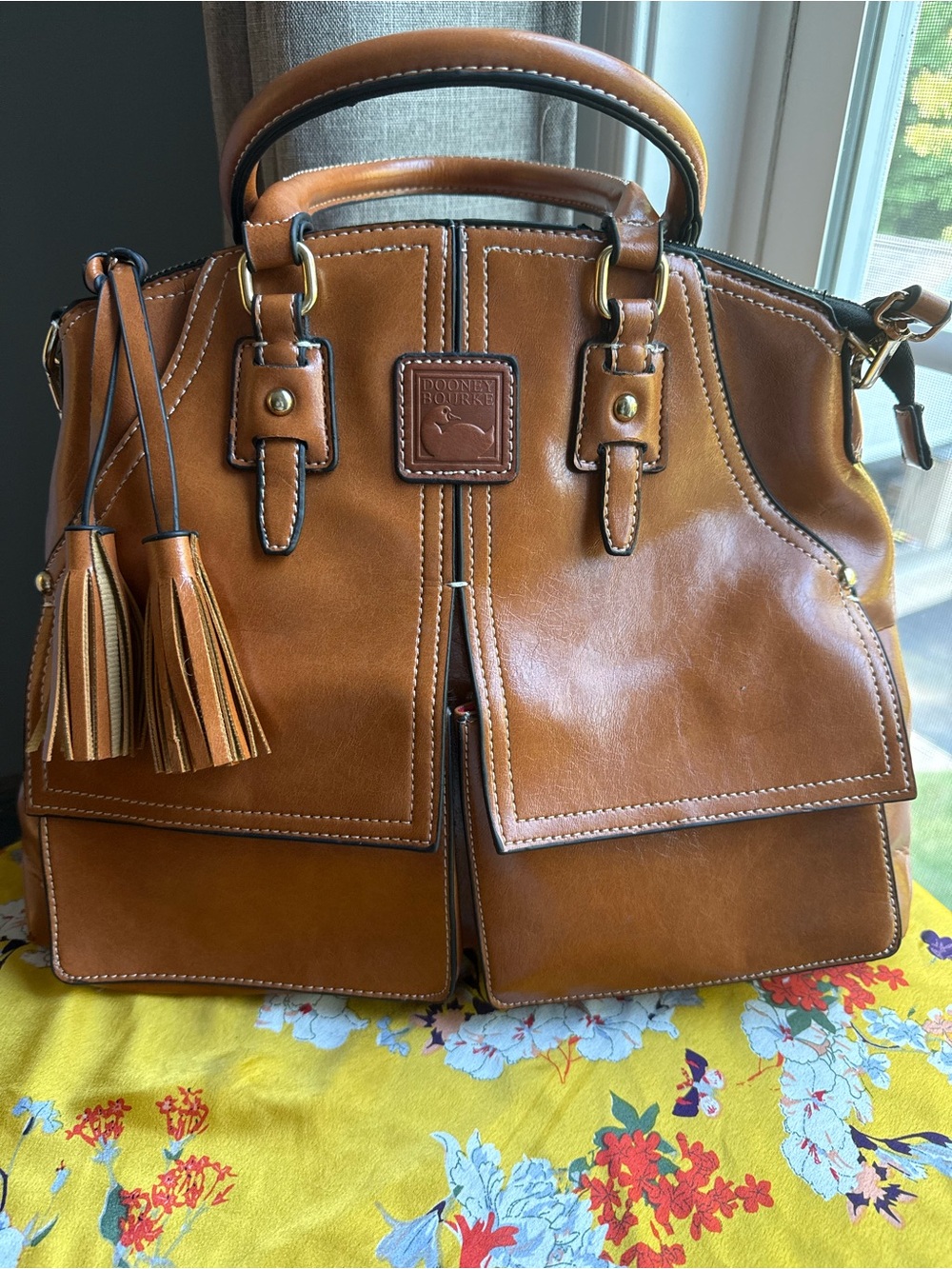Dooney & Bourke Brown Leather Satchel with Crossbody Strap